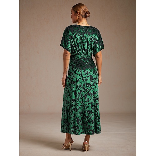  dames maxi-jurk a-lijn jurk fluweel elegant feest bruiloft gast bloemen blad halve mouw v-hals smaragdgroen lente herfst winter