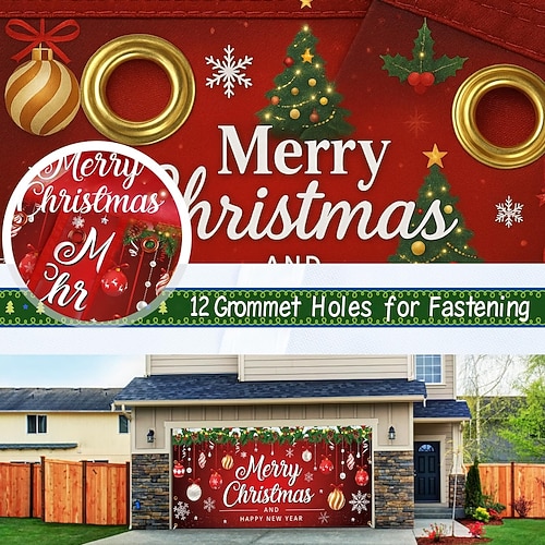  Рождественское покрытие для гаражных ворот, большие рождественские украшения для гаражных ворот 2025 года, уличный световой баннер, веселая настенная роспись для гаража (украшения), пожалуйста, приобретите световую гирлянду самостоятельно