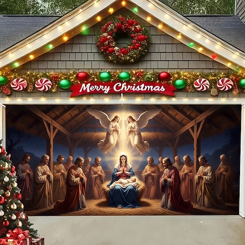  غطاء باب مرآب عيد الميلاد مشهد المهد 2025 خلفية معلقة كبيرة جدارية عطلة دينية ديكور خارجي خلفية تصوير حفلة فناء المنزل ديكور عيد الميلاد الاحتفالي