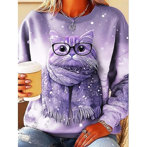  女性用 スウェットシャツ グラフィック 動物 猫 カジュアル 長袖 クルーネック レギュラートップス ストリート 日常着 カジュアル プリント ピンク パープル カーキ色 グレー 春 秋 冬