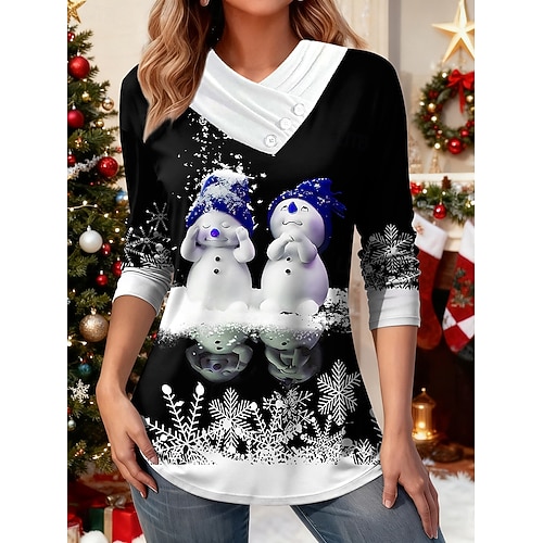  Crăciun Pentru femei Tricou Grafic Om de Zăpadă Fulg zăpadă Stilat Casual Manșon Lung În V Topuri obișnuite Zilnic Nasturi Imprimeu Asimetric Roșu-aprins Albastru piscină Trifoi Toamnă Iarnă