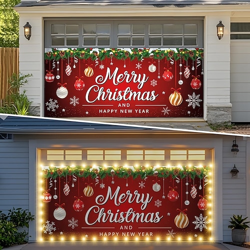  Рождественское покрытие для гаражных ворот, большие рождественские украшения для гаражных ворот 2025 года, уличный световой баннер, веселая настенная роспись для гаража (украшения), пожалуйста, приобретите световую гирлянду самостоятельно