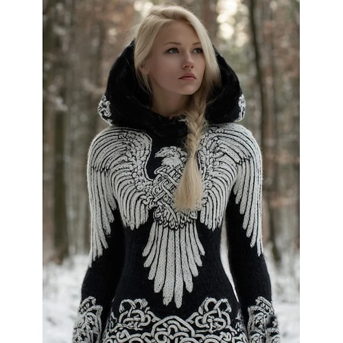  Women's Viking Sweater Vacation Vintage Cool Geometric Hooded Print Long Sleeve Regular Tops Knit Outdoor Daily Black Fall Winter