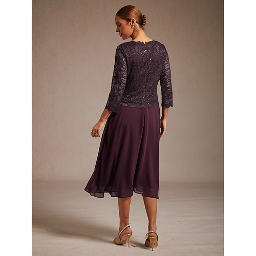  Жен. Платье средней длины Шифоновые платья Элегантный стиль Сплошной цвет Рукав 3/4 Вырез под горло Лиловый Лето Весна Осень Зима