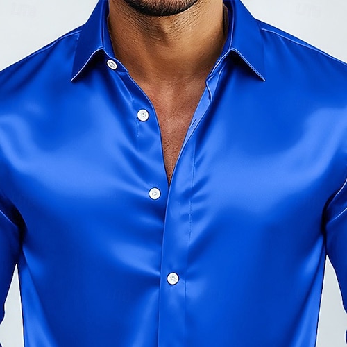 royal blue silk dress shirt mens Mens Long Sleeves French Cuff Round Collar Satin Silk Clergy Shirt (Royal Blue) | Size: 15.5