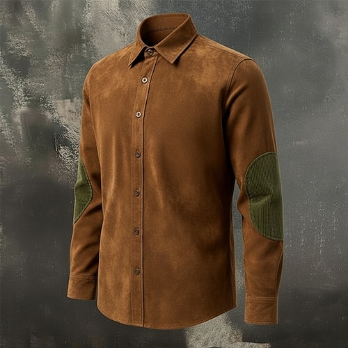  Homens Camisa Social Camisa casual camisa vintage Camiseta de Veludo camisa de botão Camisas de camurça Preto Marron Caqui Manga Longa Bloco de cor Lapela Casual Diário Patchwork Roupa Moda Vintage