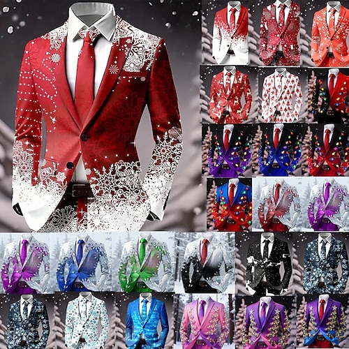  Муж. Блейзер Пальто Рождество Отпуск Повседневные На каждый день Наступила зима 100% полиэстер В снежинку 3D печать Пуговицы Сохраняет тепло Удобный Однобортный крой Блейзер Красный 1 Красный 4