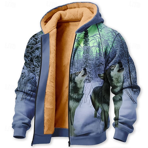 Herren Wolf 3D-Druck Fleece Kapuzensweatshirt Jacke Pullover Klassisch Militär Jagd Rundhalsausschnitt Outdoor Camping Blau 1 Blau 2# Reißverschluss Herbst Winter Designer S M L XL 2XL 3XL