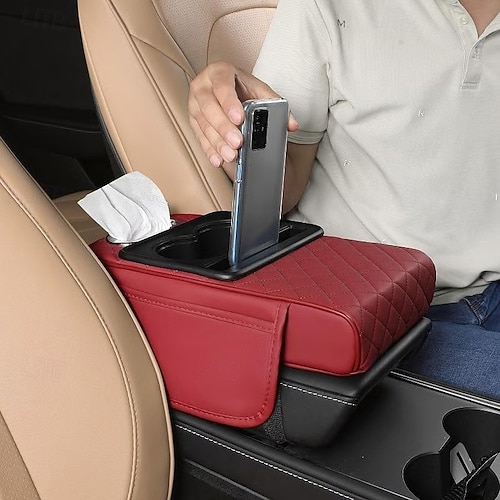  Luxury Style Car Armrest Box Multifunctional Storage Box, Diamond Pattern Tissue Box, with Cup Holder Mobile Phone Slot, Built-In Car Storage Box, Universal Four-In-One, Car Tissue Box Armrest Box