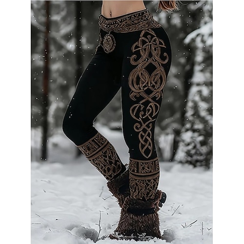  Kvinnors Viking Boho Leggings Vintage Etnisk Stil Hel Längd Hög Midja Grafisk Abstrakt 3D Utskrift Snabbtorkande Andningsförmåga Mjuk Stretchig Formell Utomhus Semester Ljusbrun Svart Rosa  Svart Vår