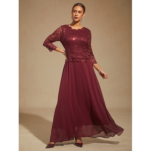  Dames Halflange jurk Chiffon jurk A lijn jurk Elegant Bruiloft gast Avond Feest Effen Kleur 3/4 mouw Strakke ronde hals Wijn Lente Herfst Winter