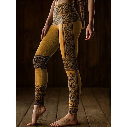  Kvinnors Viking Boho Leggings Vintage Etnisk Stil Hela Längd Hög Midja Grafisk Abstrakt 3D Tryck Snabbtorkande Andningsförmåga Mjuk Stretchig Formell Utomhus Semester Grön Vår Höst Vinter Slim Fit