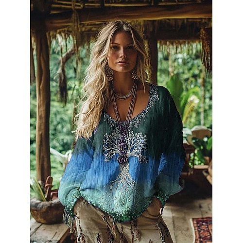  Damen Boho-T-Shirt Grafik Geometrisch Elegant Bohemien Vintage Langarm V Ausschnitt Normale Oberteile Täglich Wochenende 3D-Druck Blau Rote Purpur Grün Sommer Frühling Herbst Winter