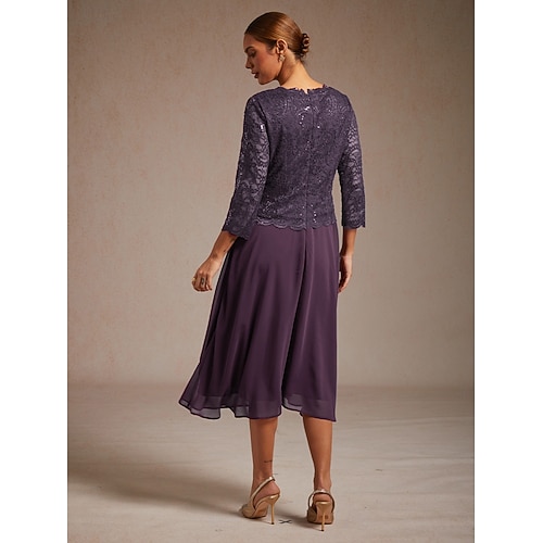  Dámské Midi šaty Šifonové šaty Elegantní Pevná barva 3/4 délka rukávu Tričkový Fialová Léto Jaro Podzim Zima