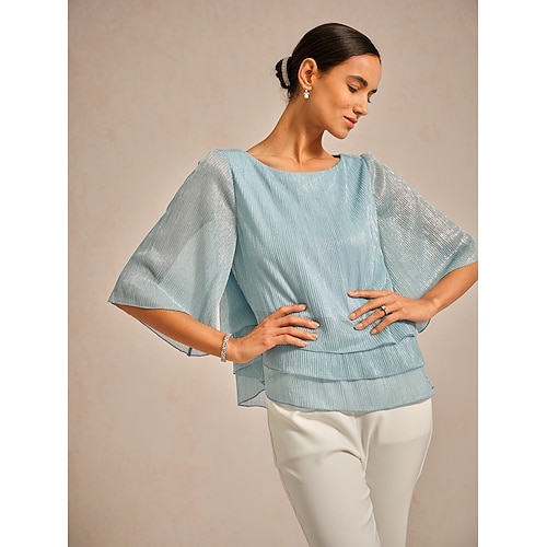  Women's Blouse Dressy Tops Chiffon Tops Lace Tops Elegant Crew Neck Regular Tops Wedding Guest Going out Pleated Glitter Light Blue Spring Fall