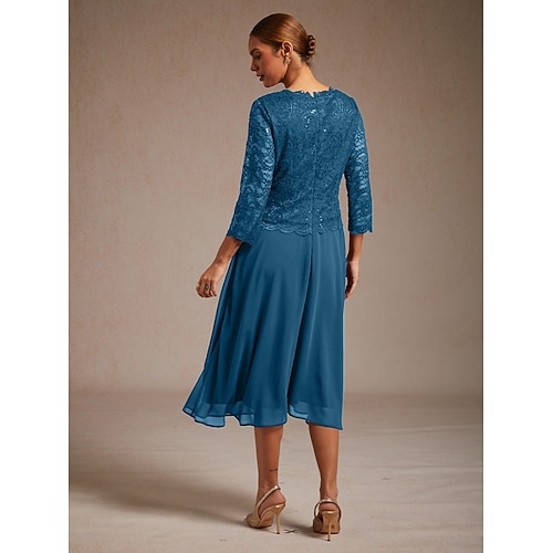  Dámské Midi šaty Šifonové šaty Elegantní Svatební host Koktejlový večírek Čajový dýchánek Pevná barva 3/4 délka rukávu Tričkový Zelenomodrá Jaro Podzim Zima