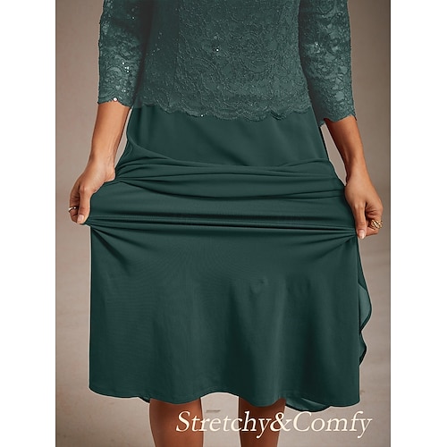  Dámské midi šaty šifonové šaty krajkové šaty flitry elegantní svatební host koktejlové párty čajový dýchánek jednobarevné 3/4 rukávy kulatý výstřih smaragdově zelené léto jaro podzim zima