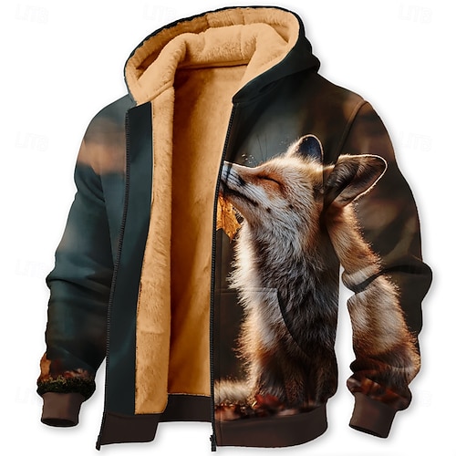  Per uomo Volpe Stampa 3D Pile Felpa con Cappuccio Giacca di pelle Felpa Classico Militare Da caccia Girocollo All'aperto Campeggio Marrone Marrone 2 Marrone 3 Con zip Autunno Inverno progettista S M