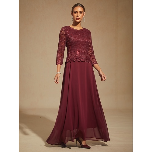  Dames Halflange jurk Chiffon jurk A lijn jurk Elegant Bruiloft gast Avond Feest Effen Kleur 3/4 mouw Strakke ronde hals Wijn Lente Herfst Winter