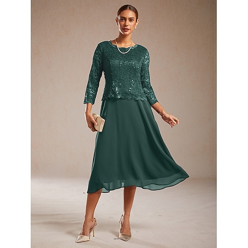  Женское платье миди, шифоновое платье, кружевное платье с пайетками, элегантное, для свадебного коктейля, вечеринки, чаепития, однотонное, с рукавами длиной 3/4, круглым вырезом, изумрудно-зеленое,