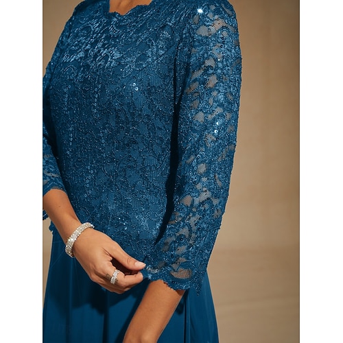  dames maxi-jurk chiffonjurk kanten jurk elegante bruiloftsgast effen kleur driekwartmouwen ronde hals pauwblauw lente herfst winter