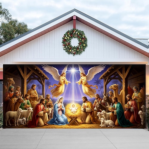  غطاء باب مرآب عيد الميلاد مشهد المهد 2025 خلفية معلقة كبيرة جدارية عطلة دينية ديكور خارجي خلفية تصوير حفلة فناء المنزل ديكور عيد الميلاد الاحتفالي