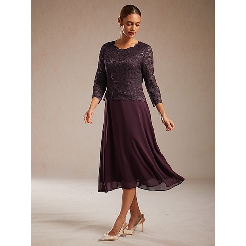  Жен. Платье средней длины Шифоновые платья Элегантный стиль Сплошной цвет Рукав 3/4 Вырез под горло Лиловый Лето Весна Осень Зима