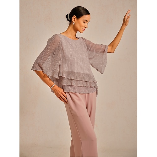  Women's Blouse Chiffon Tops Lace Tops Solid Color Elegant 3/4 Length Sleeve Crew Neck Wedding Guest Holiday Ruched Glitter Pink Summer Spring Fall