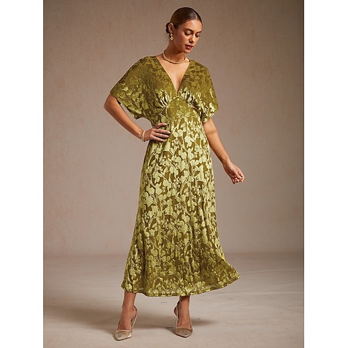  レディース マキシドレス Aラインドレス ベルベット エレガント パーティー ウェディング ゲスト 花柄 リーフ ハーフスリーブ Vネック エメラルドグリーン 春 秋 冬