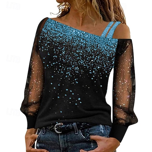  Femmes Chemisier A Ombre ancien Élégant manche longue Asymétrique Hauts Réguliers Quotidien Fête Sortir Paillettes Bleu Argent Vin Dorée Été Automne