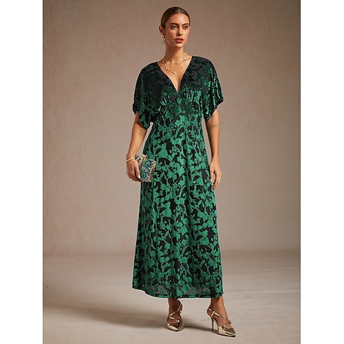  dames maxi-jurk a-lijn jurk fluweel elegant feest bruiloft gast bloemen blad halve mouw v-hals smaragdgroen lente herfst winter