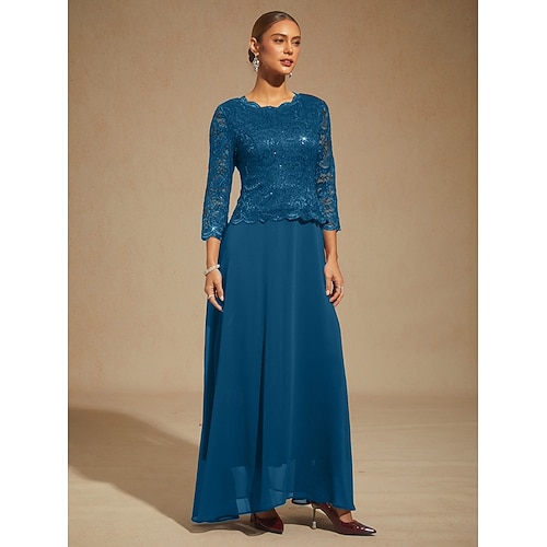  dames maxi-jurk chiffonjurk kanten jurk elegante bruiloftsgast effen kleur driekwartmouwen ronde hals pauwblauw lente herfst winter