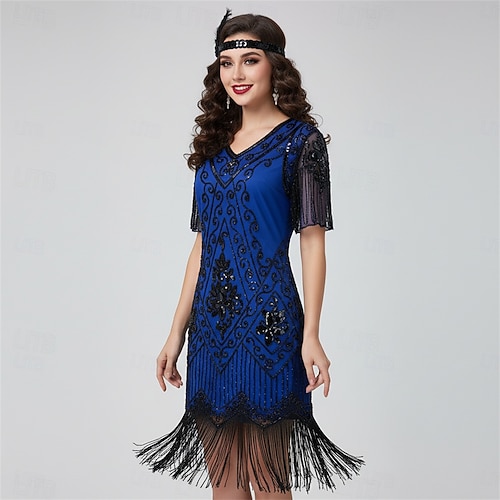 Roaring 20s 1920s Knee Length Dress Flapper Dress Prom Dress Short Sleeves The Great Gatsby Charleston Wedding Guest Sequins Tassel Fringe V Neck