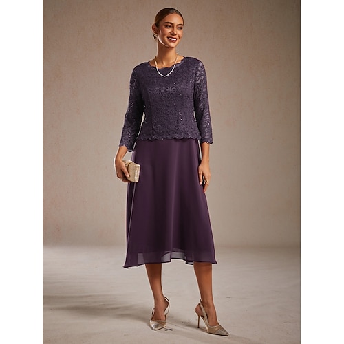  Dámské Midi šaty Šifonové šaty Elegantní Pevná barva 3/4 délka rukávu Tričkový Fialová Léto Jaro Podzim Zima