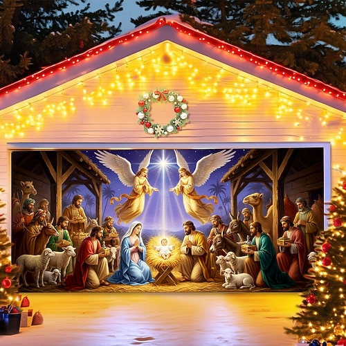  غطاء باب مرآب عيد الميلاد مشهد المهد 2025 خلفية معلقة كبيرة جدارية عطلة دينية ديكور خارجي خلفية تصوير حفلة فناء المنزل ديكور عيد الميلاد الاحتفالي
