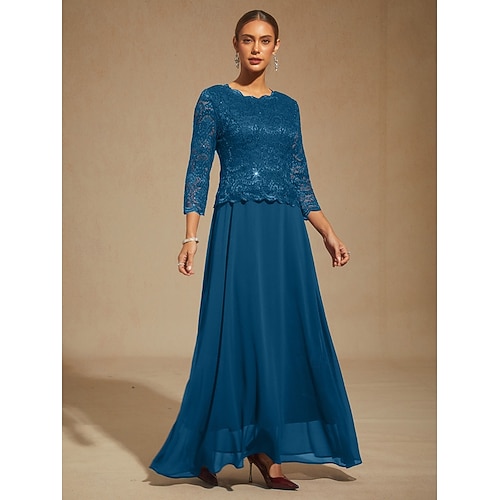  dames maxi-jurk chiffonjurk kanten jurk elegante bruiloftsgast effen kleur driekwartmouwen ronde hals pauwblauw lente herfst winter