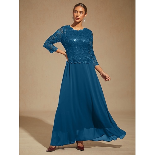  dames maxi-jurk chiffonjurk kanten jurk elegante bruiloftsgast effen kleur driekwartmouwen ronde hals pauwblauw lente herfst winter