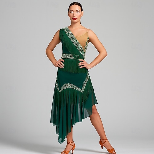 Green Latin Dance Dress with Rhinestone Crystal, Metal Fringes and  Asymmetrical Skirt for Samba Performance 2026 - OMR 140.49