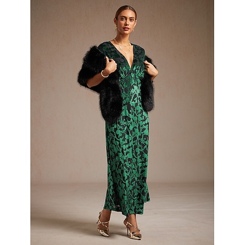  dames maxi-jurk a-lijn jurk fluweel elegant feest bruiloft gast bloemen blad halve mouw v-hals smaragdgroen lente herfst winter