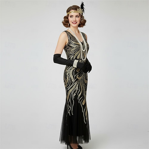 Set Roaring 20s 1920s Ankle Length Dress Evening Dress Outfits with Accessories Sleeveless The Great Gatsby Charleston Wedding Guest Sequins Feather V