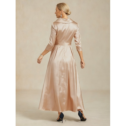  Robe midi femme, robe trapèze, robe de travail, robe élégante pour mariage, invitée, soirée, poche, lien sur le devant, coupe classique, couleur unie, manches 3/4, col en V, col chemise, couleur