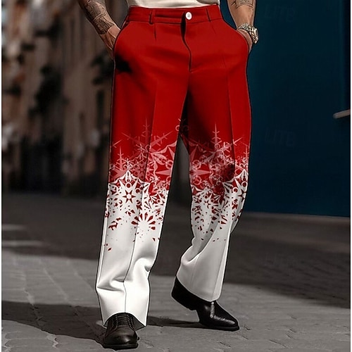  Christmas Men's Christmas Scene Printed Pants Snowflake Business Casual 3D Print  Trousers Outdoor Street Wear to work Polyester Black and White Wine Yellow S M L High Elasticity Pants