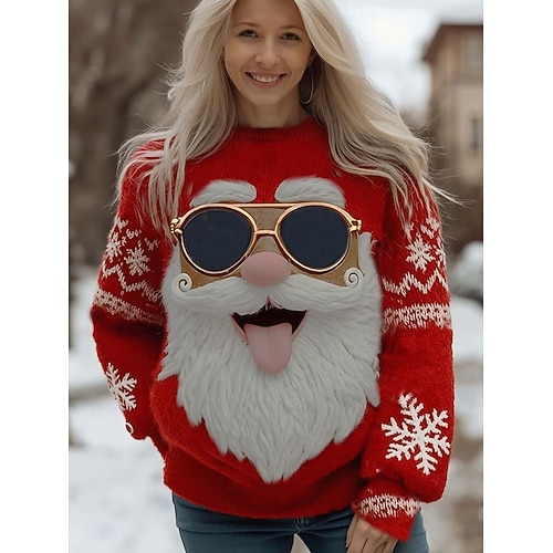 jul damegenser søt gatemote avslappet grafisk julenissen snøflak rund hals lappeteppe strikket langermet vanlig topper strikket julefest rød vår høst