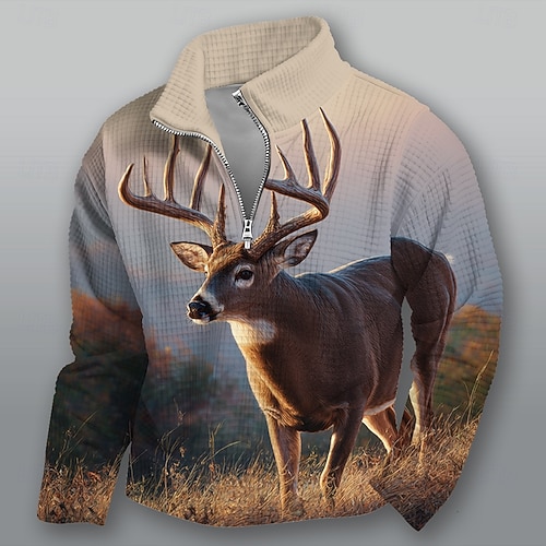  Men's Deer Sweatshirt Fashion Daily Casual Hunting Stand Collar Quarter Zip Outdoor Home Office Work Brown Khaki Gray Zip Up Fall Winter Designer S M L XL XXL XXXL