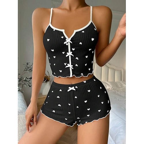  Dames Pyjamaset Casual Comfortabel Hart Elastische taille Strap Top Korte broek Huis Dagelijks Mouwloos V-hals Zwart Wit Blozend Roze Wijn Rood Zomer Lente Herfst Strak