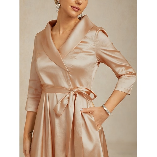  Robe midi femme, robe trapèze, robe de travail, robe élégante pour mariage, invitée, soirée, poche, lien sur le devant, coupe classique, couleur unie, manches 3/4, col en V, col chemise, couleur