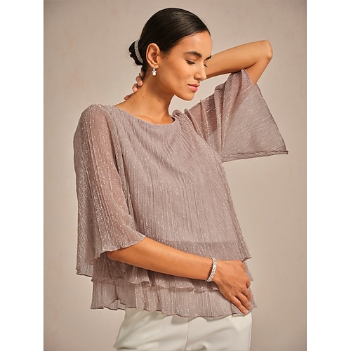  Women's Blouse Chiffon Tops Lace Tops Solid Color Elegant 3/4 Length Sleeve Crew Neck Wedding Guest Holiday Ruched Glitter Pink Summer Spring Fall