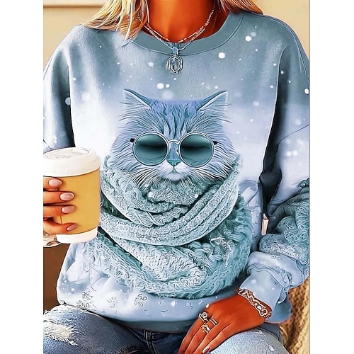  女性用 スウェットシャツ グラフィック 動物 猫 カジュアル 長袖 クルーネック レギュラートップス ストリート 日常着 カジュアル プリント ピンク ブルー パープル カーキ色 春 秋 冬
