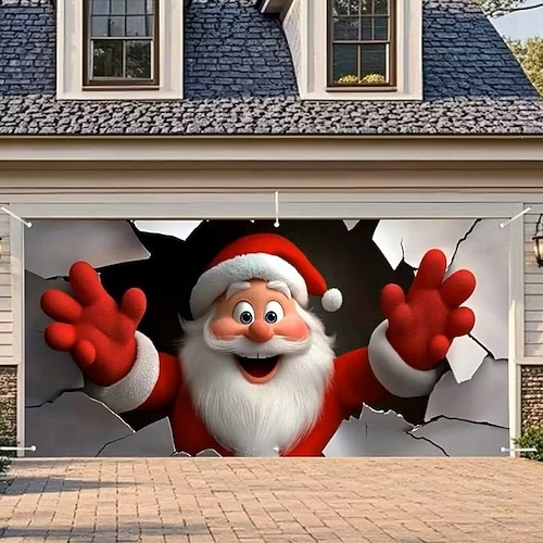  כיסוי לדלת מוסך לחג המולד, סנטה קלאוס פורץ דרך קיר, רקע תלת מימד גדול, קישוט מסיבה עונתי לחג המולד, חג המולד, ברכה לחצר ביתית