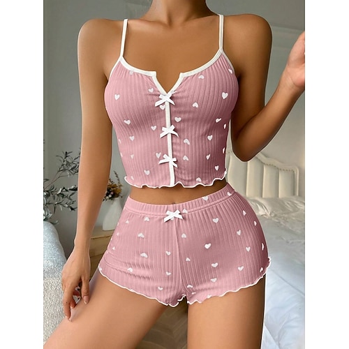  Dames Pyjamaset Casual Comfortabel Hart Elastische taille Strap Top Korte broek Huis Dagelijks Mouwloos V-hals Zwart Wit Blozend Roze Wijn Rood Zomer Lente Herfst Strak